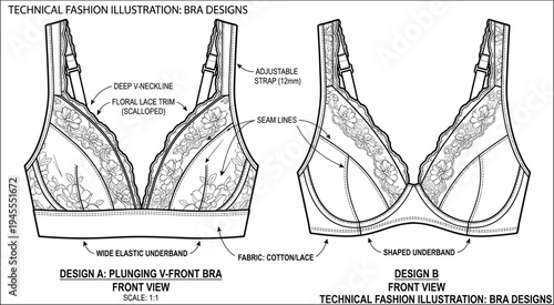 Women lace bra technical fashion illustration, lingerie design blueprint with adjustable straps seam lines fabric details vector apparel drawing