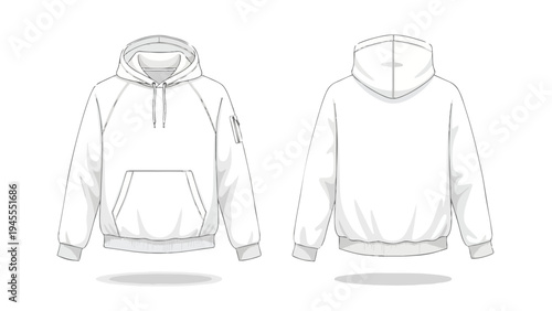 Clean technical flat sketch of a white hooded sweatshirt template, front and back views for apparel design projects