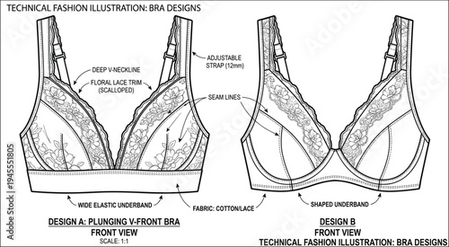 Women lace bra technical fashion illustration, lingerie design blueprint with adjustable straps seam lines fabric details vector apparel drawing