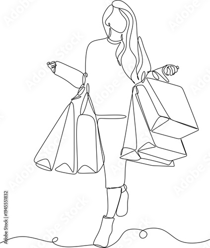 Continuous line drawing of a woman holding many paper bags after shopping for personal needs. Shopping fashion, cosmetics, makeup in a large shopping center concept.