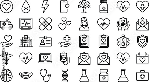 Healthcare medical line icons collection, hospital medicine symbols set, doctor nurse pharmacy emergency health care outline vector illustration pack