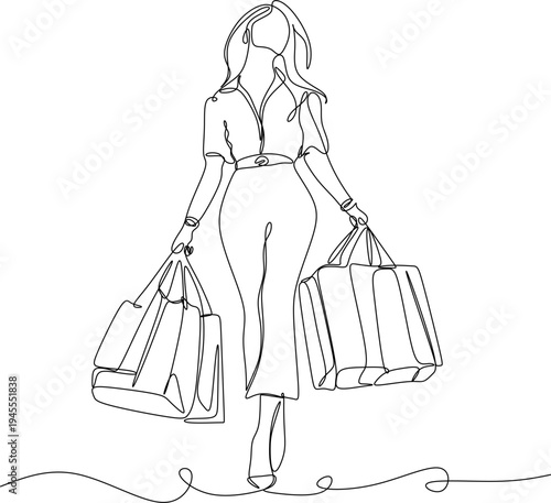 Continuous line drawing of a woman holding many paper bags after shopping for personal needs. Shopping fashion, cosmetics, makeup in a large shopping center concept.