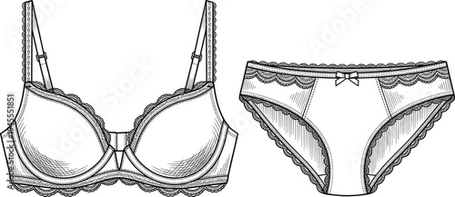 Lingerie bra and panties outline vector illustration, women underwear set line art, fashion design template, lingerie technical sketch isolated on white background