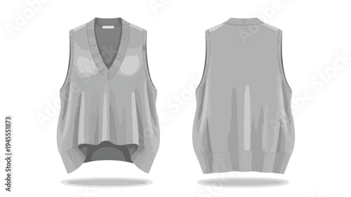 Unisex grey V-neck sweater vest vector illustration showcasing both front and back views ideal for fashion design garment prototyping and textile