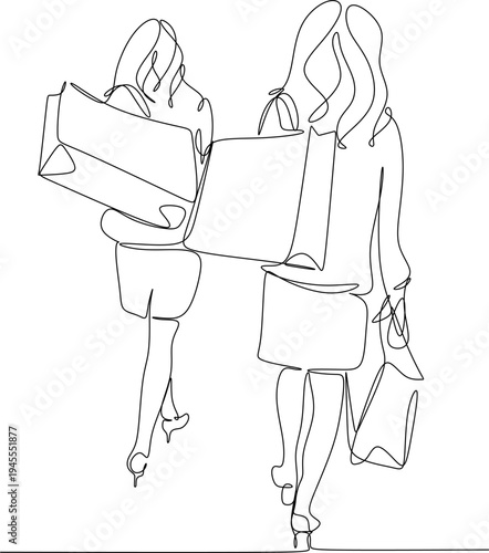 Continuous line drawing of women holding many paper bags after shopping for personal needs. Shopping fashion, cosmetics, makeup in a large shopping mall.
