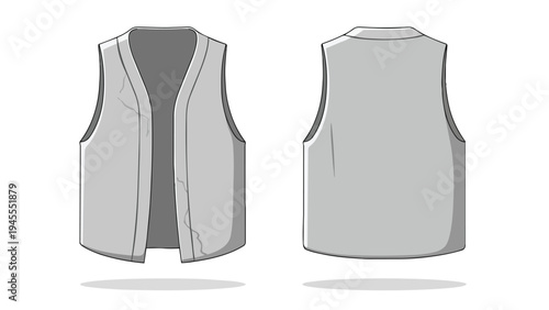 A detailed flat vector illustration showcasing the blank front and back views of an open grey sleeveless vest, serving as a clean template for