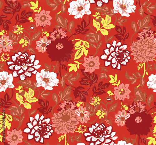 Big flowers pattern, upscale floral pattern. graphical textures floral, trendy colors pattern , flowers background with leaves. vector illustration.