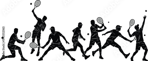 Tennis player silhouettes collection, athletes serving forehand backhand and running action poses sports training competition vector illustration isolated white background