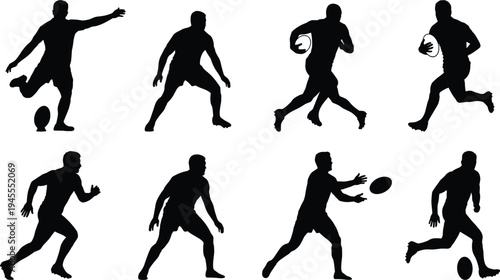 Rugby player silhouettes set, athletes running passing kicking ball action poses sports training competition vector illustration isolated on white background