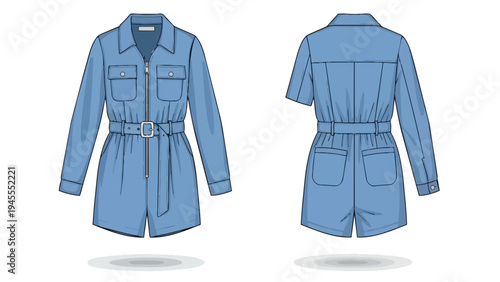 Flat sketch of a blue denim romper with a front zipper, belted waist, and pockets. Ideal for fashion design. Technical apparel illustration for