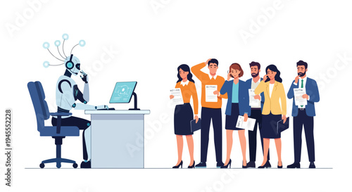 Flat 2D editorial illustration of a robot working at a desk with a group of people standing nearby discussing AI and unemployment concepts.