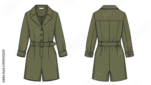 Professional flat technical sketch illustrating front and back views of a belted fashion romper