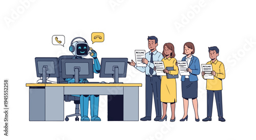 Flat 2D editorial illustration of a robot working at a desk with multiple computer monitors while people wait in line with paperwork, representing AI and unemployment concept.