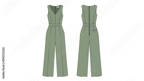 Detailed fashion illustration of a modern sleeveless jumpsuit featuring a chic v-neckline and wide-leg trousers a sophisticated apparel design sketch