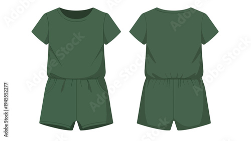 Elegant forest green short-sleeve romper design template presenting front and back views. This versatile casual apparel offers comfortable and