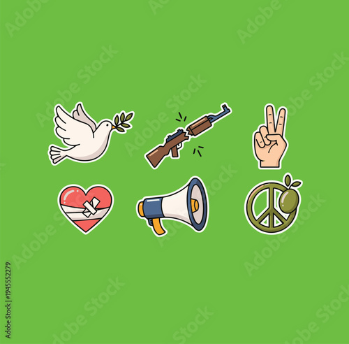 Peace Sticker Icon Set with Broken Rifle, Dove, Megaphone, and Bandaged Heart on Green Background; Flat Vector Illustration for Anti-War Activism, Freedom, and Social Justice.
