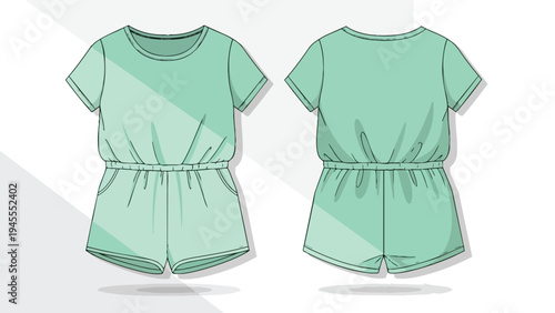 Clean technical fashion flat sketch of a trendy short-sleeve romper in a soothing mint green, showing both front and reverse perspectives with an