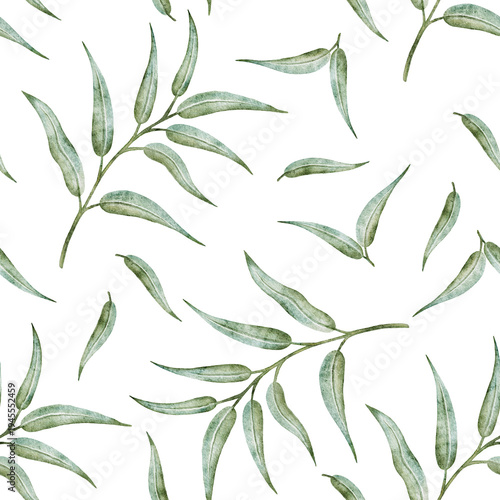 This seamless pattern displays delicate green leaves in a natural arrangement. It is perfect for various projects, including wrapping paper, textile design, and children clothing design. Its versatile