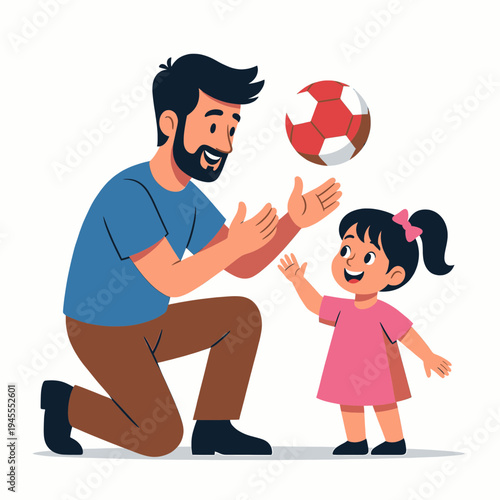 Padre jugando con su hija con una pelota – ilustración vectorial familiar estilo flat