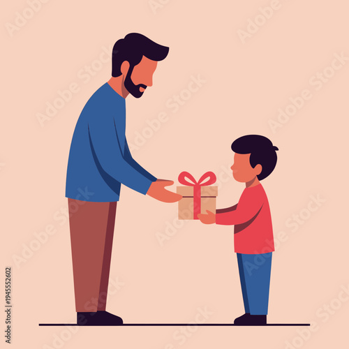 Padre dando un regalo a su hijo – ilustración vectorial familiar estilo flat