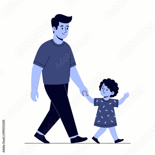 Padre caminando con su hija tomados de la mano – ilustración vectorial familiar estilo flat