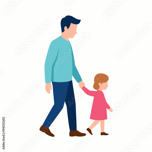 Padre caminando con su hija tomados de la mano – ilustración vectorial familiar estilo flat