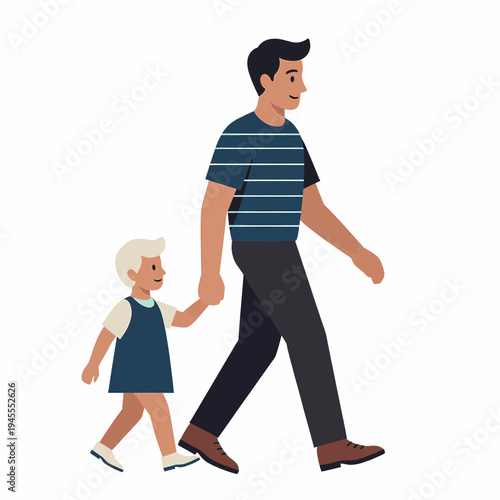 Padre caminando con su hija tomados de la mano – ilustración vectorial estilo flat de familia