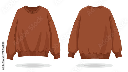 Unisex Brown Crewneck Sweatshirt Design Illustration Front and Back Views Apparel Mockup Template Vector