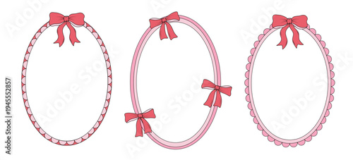 Set of vintage frames with a pink bow and ribbons for greeting cards, wedding and birthday party, picnic invitations in cute elegant coquette style. Hand drawn vector illustration