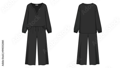 Elegant minimal charcoal two-piece loungewear set featuring a relaxed v-neck long-sleeve top and flowy wide-leg pants, perfect for comfort and