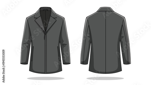Professional flat vector illustration of a versatile men's charcoal grey long coat, showcasing both front and back views for detailed design