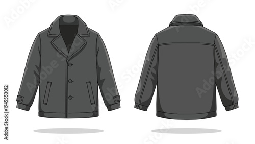 Stylish dark gray everyday jacket template showcasing detailed front and back illustrations for versatile fashion apparel design projects and