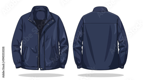 Detailed vector illustration of a versatile navy blue jacket, displaying both front and back views for apparel design needs