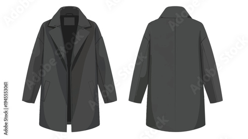 Contemporary dark gray long coat illustration, front and back views, perfect for fashion design, apparel mockups, and seasonal outerwear collection