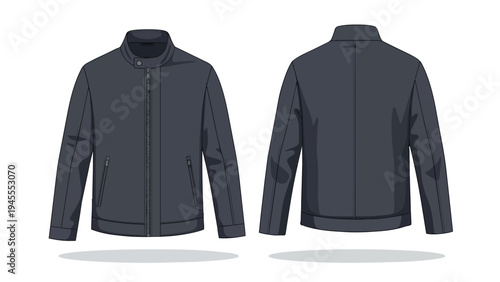 Contemporary men's dark charcoal grey zipped jacket vector template, displaying front and back views for versatile apparel design applications and