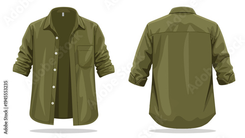 Detailed vector illustration showcasing a versatile men's olive green long-sleeved casual shirt, presented in crisp front and back views on a clean