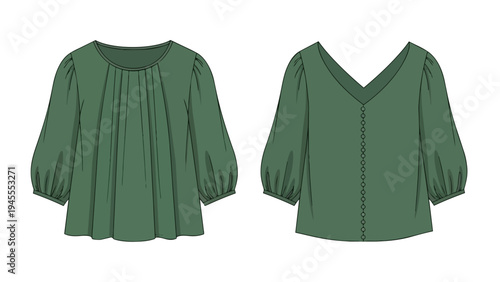 Stylish green blouson with elegant pintuck detailing and versatile V-neck back design