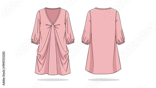 Flat technical drawing of a contemporary pink women's dress, featuring a flattering V-neck, three-quarter gathered sleeves, and elegant front drapes