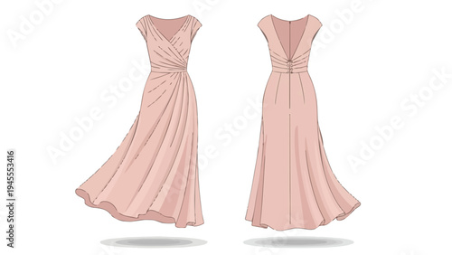 Elegant peach-toned evening gown illustration showcasing front and back views with sophisticated draped details and a flowing elegant silhouette.