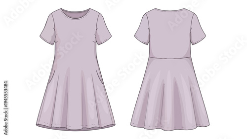 Fashion technical flat sketch of a light lavender short-sleeved dress front and back views with pockets