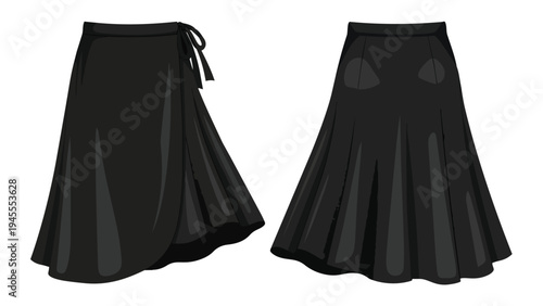 Elegant pair of dark wrap and pleated skirts for various fashion concepts. Versatile black apparel for modern wardrobe styling and design. Essential