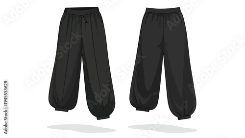 Vector illustration showcasing two distinct pairs of comfortable black leisure pants, ideal for fashion design and apparel concepts against a clean