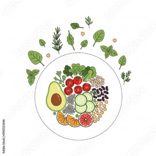 Plant-Based Meal Vector Illustration, Fresh Vegetables, Fruits and Grains on Plate, Minimalist Flat Design