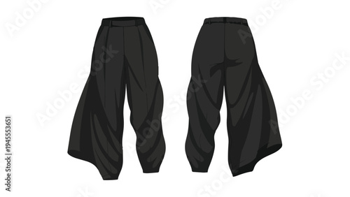 A pair of sleek modern wide-leg trousers in a dark charcoal hue displaying a relaxed flowing silhouette and distinctive asymmetrical hemline