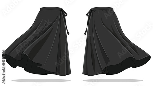 Elegant flowing black wrap skirt illustration fashion apparel design template vector graphic for clothing designers and stylists creating