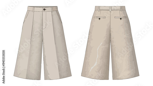 Detailed technical fashion flat sketch of elegant wide-leg cropped trousers, presented in a versatile beige hue with front pleats and functional