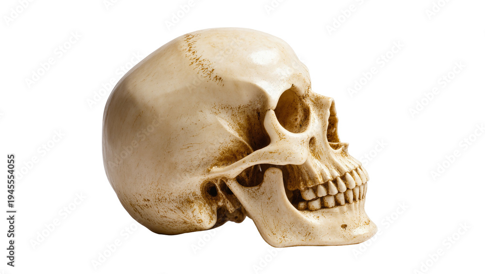 Fototapeta premium Isolated human skull anatomical model side profile view for medical education and study