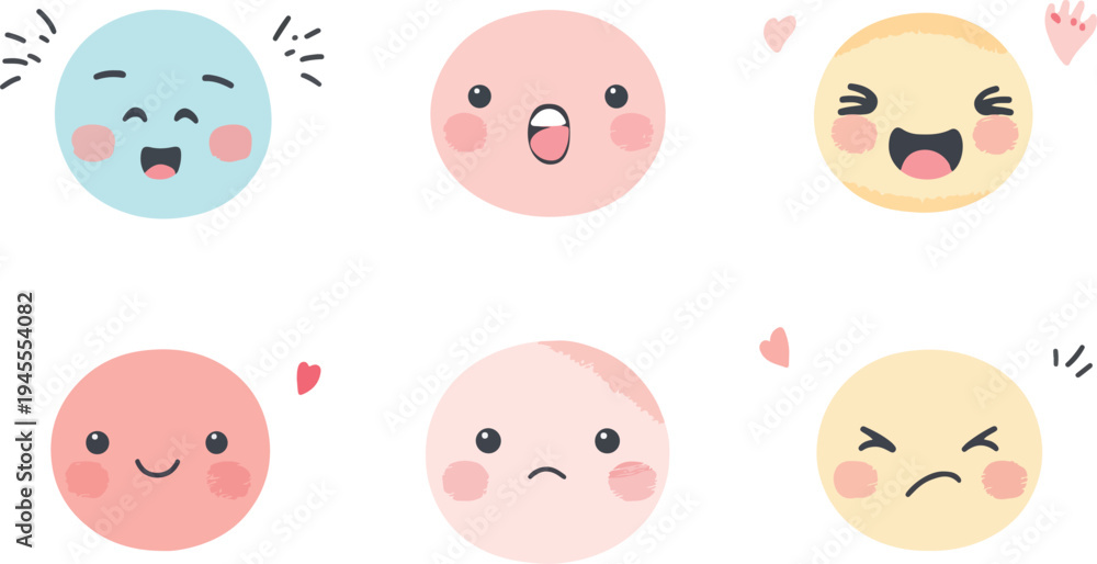 Fototapeta premium Funny cartoon Easter eggs with cute smiling faces and playful children icons