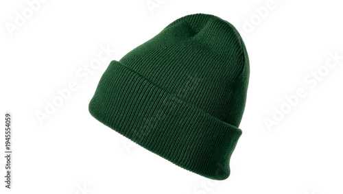 Fotografija Isolated dark green ribbed knit beanie hat, essential winter fashion accessory,