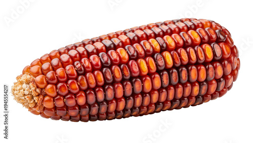 Photos Isolated close-up of a single vibrant red ear of flint corn on the cob, autumn h